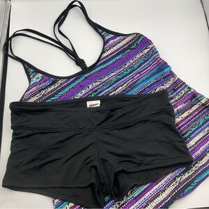 Women Tankini Top L/ XL Boy Short Bottoms Purple Teal Aztec Print 2 Pc Swimsuit